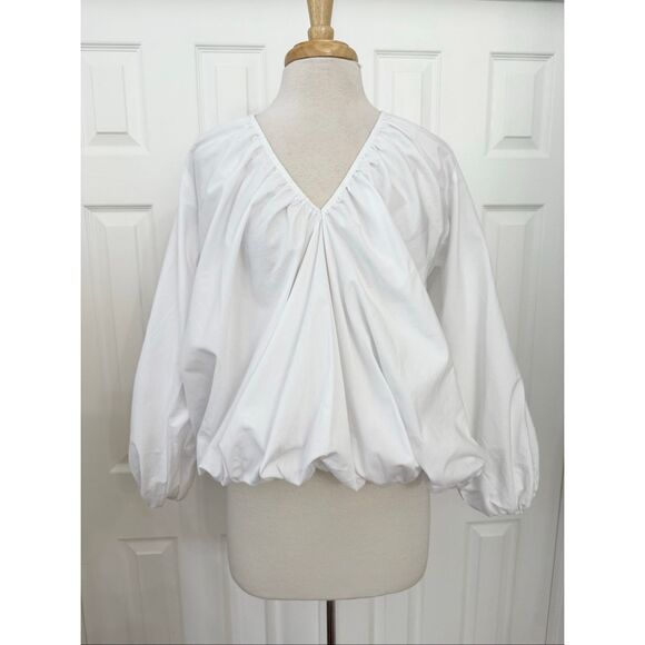 Mie Womens Cotton V Neck Ruched Balloon Sleeve Yubu Top White Size Medium NWT - Picture 1 of 6